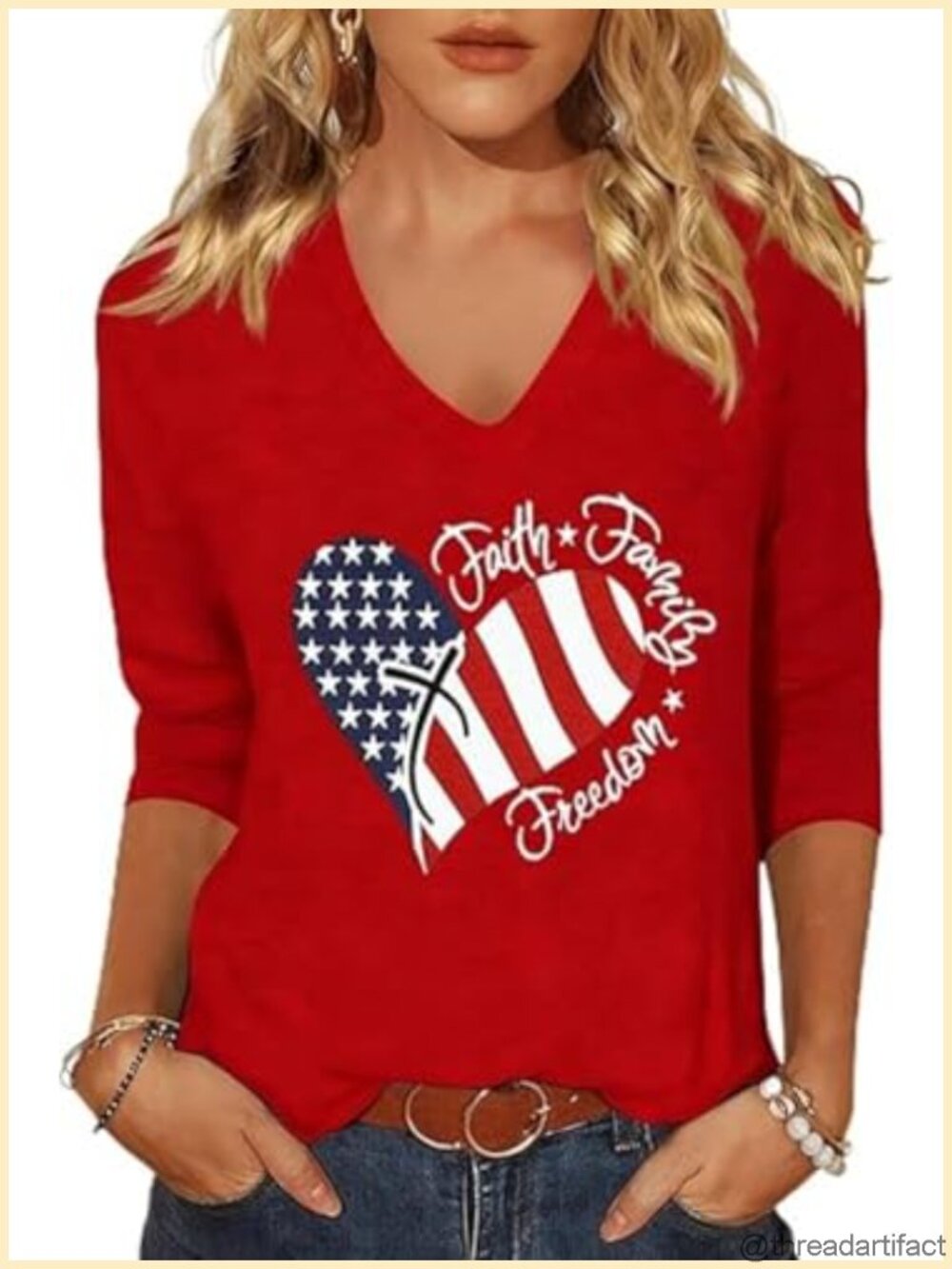 Womens Patriotic V Neck 3/4 Sleeve Graphic Tee 4th of July Shirt